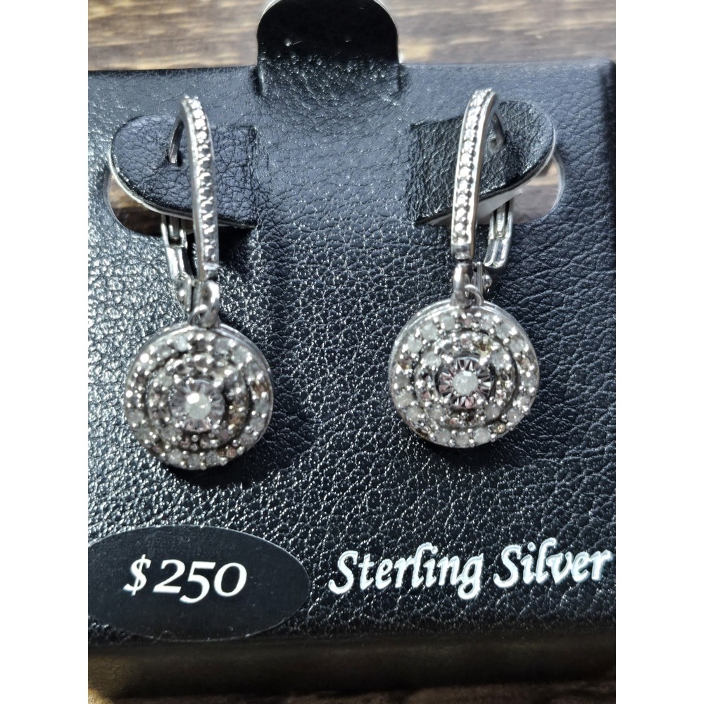 Sterling Silver Round Halo Dangle Earrings Cubic Zirconia Lever Back NWT